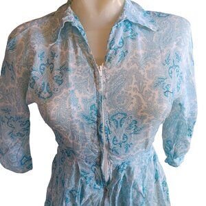 Vintage Dress Small 6 1960's 1of1 Blue White Paisley Print Sheer Thin Handmade